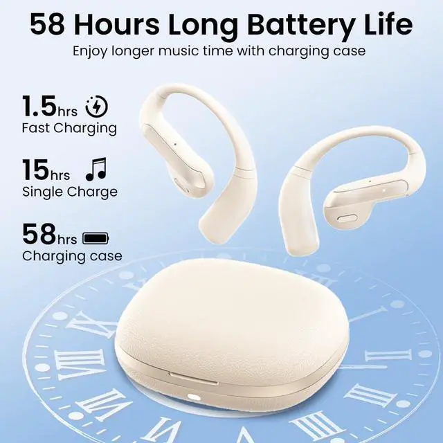 Alt view image 2 of 7 - Open Ear Bluetooth 5.3 Earbuds, Wireless Headphones Sport Over Earphones Built-in Mic with Ear Hooks, 58H Playtime Ear Buds Fast Charging, IPX7 Waterproof for Running/Workout-Off White