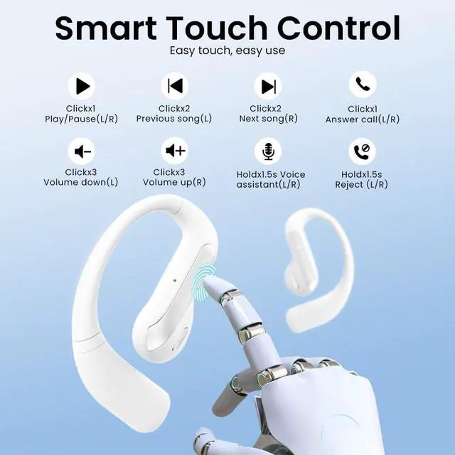 Alt view image 3 of 7 - Open Ear Bluetooth 5.3 Earbuds, Wireless Headphones Sport Over Earphones Built-in Mic with Ear Hooks, 58H Playtime Ear Buds Fast Charging, IPX7 Waterproof for Running/Workout-White