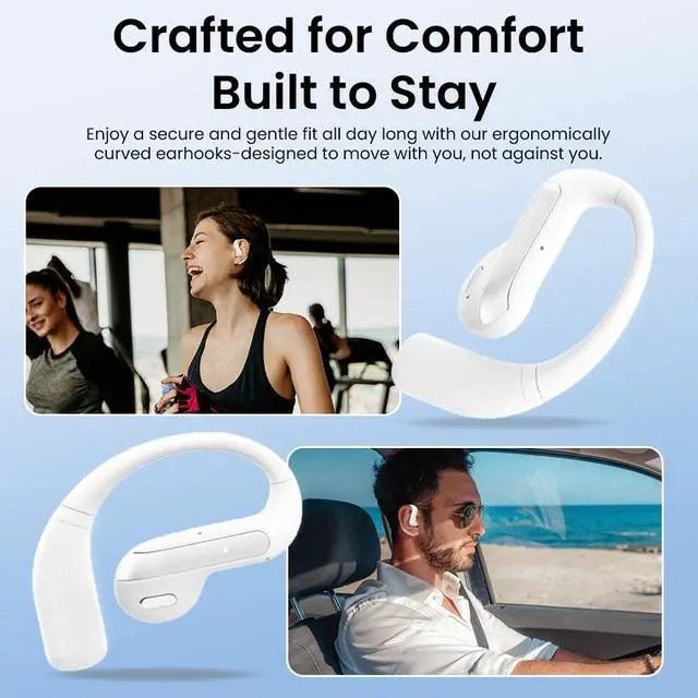 Alt view image 5 of 7 - Open Ear Bluetooth 5.3 Earbuds, Wireless Headphones Sport Over Earphones Built-in Mic with Ear Hooks, 58H Playtime Ear Buds Fast Charging, IPX7 Waterproof for Running/Workout-White