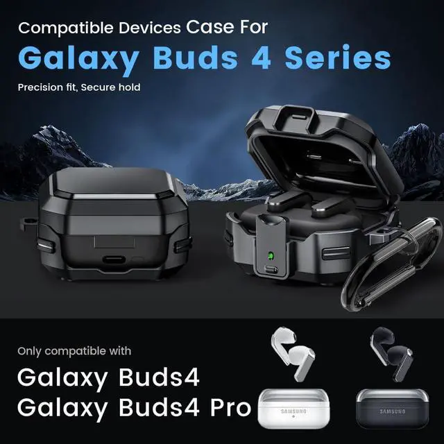 Alt view image 2 of 7 - for Galaxy Buds 4 Pro (2026) / Buds 4 Case Cover, Shockproof Galaxy Buds 4/4 Pro Protective Hard Cover Shell with Keychain &Cleaner kitfor Men Women, Black