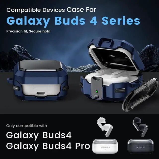 Alt view image 2 of 7 - for Galaxy Buds 4 Pro (2026) / Buds 4 Case Cover | Shockproof Protective Hard Cover Shell with Keychain &Cleaner kit for Men Women Blue