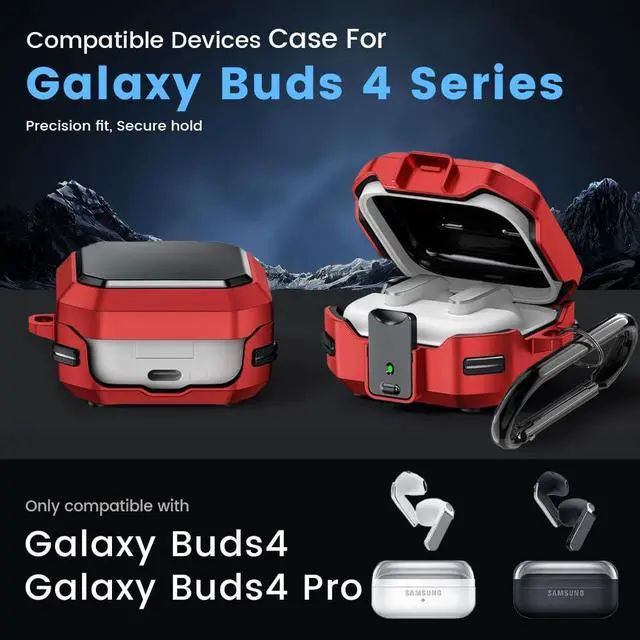 Alt view image 2 of 7 - for Galaxy Buds 4 Pro (2026) / Buds 4 Case Cover, Shockproof Galaxy Buds 4/4 Pro Protective Hard Cover Shell with Keychain &Cleaner kitfor Men Women, RED
