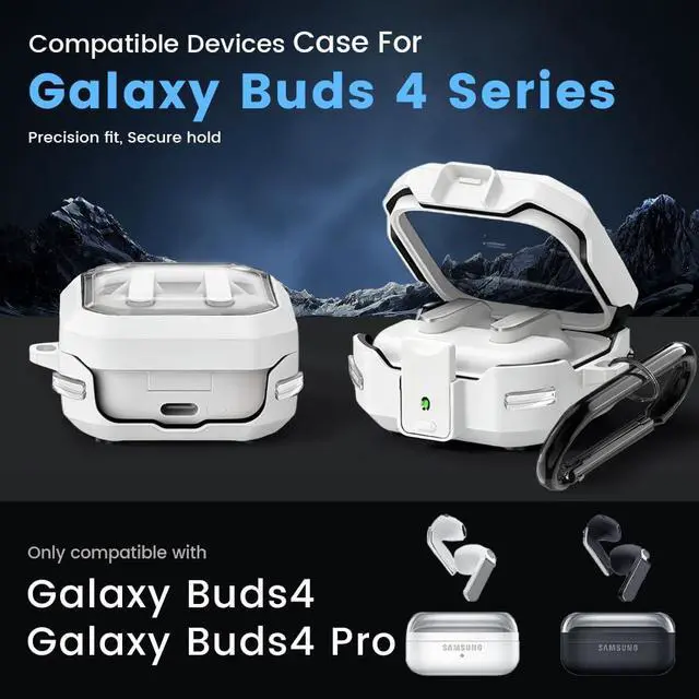 Alt view image 2 of 7 - for Galaxy Buds 4 Pro (2026) / Buds 4 Case Cover, Shockproof Galaxy Buds 4/4 Pro Protective Hard Cover Shell with Keychain &Cleaner kitfor Men Women, White