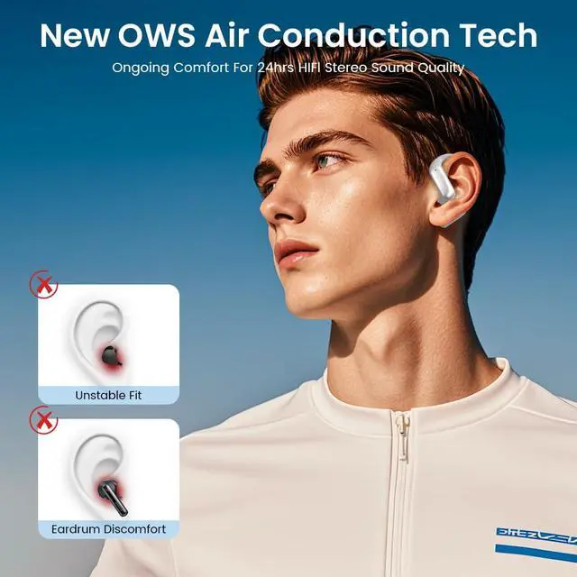 Alt view image 3 of 7 - Open Ear Earbuds Bluetooth AI Ear Buds 60Hrs Playtime Wireless Over Headphones with Earhooks IPX7 Waterproof Touch Control Air Conduction Sport Headsets Earphones for Workout Running Grey