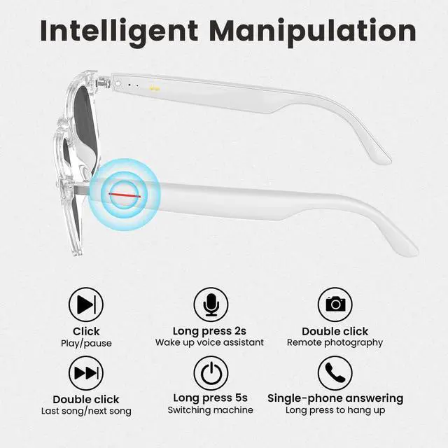Alt view image 3 of 7 - Smart Glasses Bluetooth Audio Glasses for Men Women with Dual Stereo Speakers, Open Ear Music &HD Calling, Touch &Voice Assistant, UV ProtectionWhite
