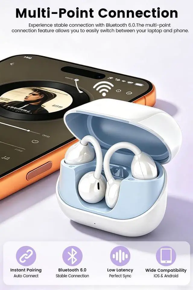 Alt view image 7 of 7 - Clip-on Earbuds,Open Ear Earbuds Wireless Bluetooth 6.0, Lightweight Open Ear Headphones with C-Shaped Bridge,Slim Hook,50H Battery,Waterproof,for Glasses Wearers &Sports & Travel (White)