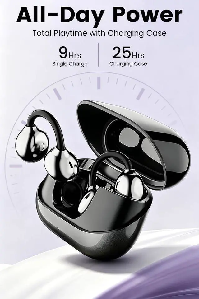 Alt view image 2 of 7 - Clip-on Earbuds,Open Ear Earbuds Wireless Bluetooth 6.0, Lightweight Open Ear Headphones with C-Shaped Bridge,Slim Hook,50H Battery,Waterproof,for Glasses Wearers &Sports & Travel (Black)