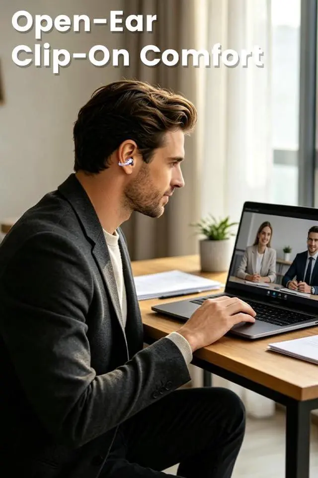 Alt view image 3 of 7 - Clip-on Earbuds,Open Ear Earbuds Wireless Bluetooth 6.0, Lightweight Open Ear Headphones with C-Shaped Bridge,Slim Hook,50H Battery,Waterproof,for Glasses Wearers &Sports & Travel (Purple)
