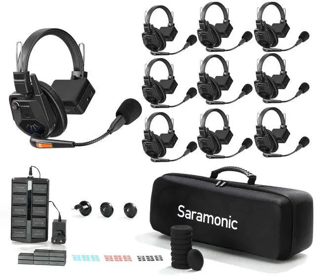 Main image of WiTalk9-9S 9-Person 1.9GHz Full-Duplex Wireless Intercom System with Single-Ear Headsets, 500m Range, Expandable to 30 Users, Includes 18 Batteries, 10-Bay Charger, and Deluxe Carry Case