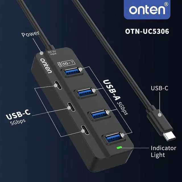 Alt view image 4 of 5 - Onten USB C Hub,7 Ports USB Type-C HUB 3.2ft Cable 4*USB3.0 Ports,3*USB-C Ports forThunderbolt 3/4 MacBook Surface Pro and More Type-C Devices