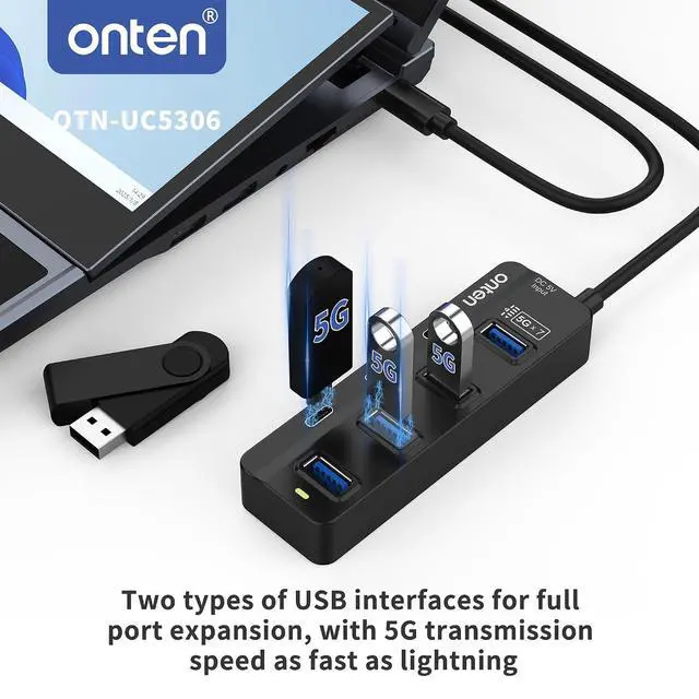 Alt view image 3 of 5 - Onten USB C Hub,7 Ports USB Type-C HUB 3.2ft Cable 4*USB3.0 Ports,3*USB-C Ports forThunderbolt 3/4 MacBook Surface Pro and More Type-C Devices