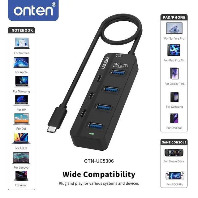 Alt view image 5 of 5 - Onten USB C Hub,7 Ports USB Type-C HUB 3.2ft Cable 4*USB3.0 Ports,3*USB-C Ports forThunderbolt 3/4 MacBook Surface Pro and More Type-C Devices