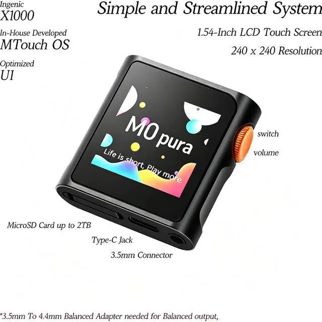 Alt view image 3 of 7 - M0 Pura Hi-Res MP3 Music Player with Leather Case, Bluetooth 5.0,Portable Digital Audio Player DAP Player, 2X CS43131 DAC,APP Control,LDAC/SBC/AAC,3.5mm/Type-C Jack,384kHz /32bit,250mW@32