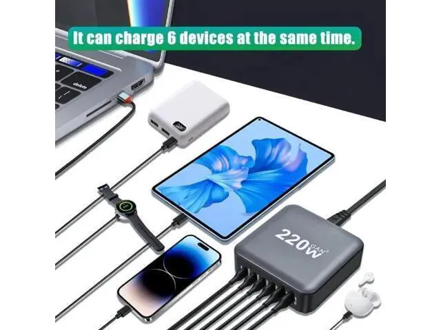 Alt view image 2 of 7 - 220W USB Type C Charging Station Hub, 6-Port USB Desk Charger, 220 Watt GaN III Fast Charger GaN Tech Laptop USB C Power Adapter Block Compatible for All Phones and Tablets