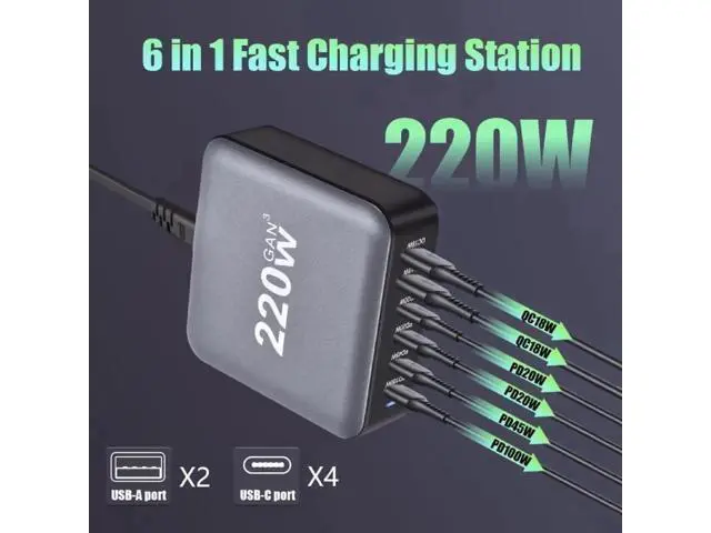 Alt view image 4 of 7 - 220W USB Type C Charging Station Hub, 6-Port USB Desk Charger, 220 Watt GaN III Fast Charger GaN Tech Laptop USB C Power Adapter Block Compatible for All Phones and Tablets