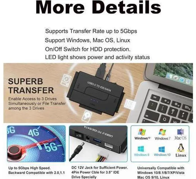 Alt view image 2 of 7 - USB 3.0 to SATA/IDE Adapter, External Hard Drive Reader Ultra Recovery Converter Compatible with 2.5/3.5in HDD/SSD DVD Optical Drive