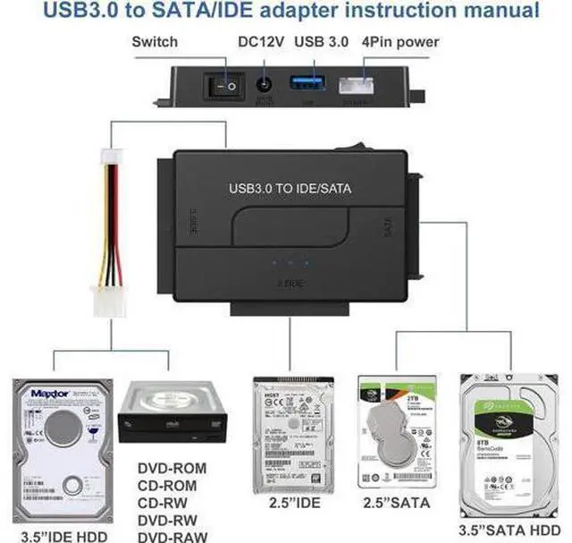 Alt view image 5 of 7 - USB 3.0 to SATA/IDE Adapter, External Hard Drive Reader Ultra Recovery Converter Compatible with 2.5/3.5in HDD/SSD DVD Optical Drive