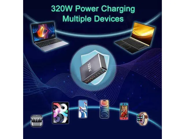 Alt view image 4 of 7 - 320W GaN III Fast Charger 8-Port USB Type C Phone Charger Quick Charge 3.0 Power Adapter, GaN Tech Laptop USB C Power Adapter Block For iPhone 16 15 14 13 Samsung Desk Charger