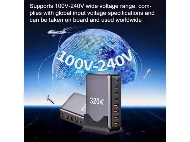 Alt view image 3 of 7 - 320W GaN III Fast Charger 8-Port USB Type C Phone Charger Quick Charge 3.0 Power Adapter, GaN Tech Laptop USB C Power Adapter Block For iPhone 16 15 14 13 Samsung Desk Charger