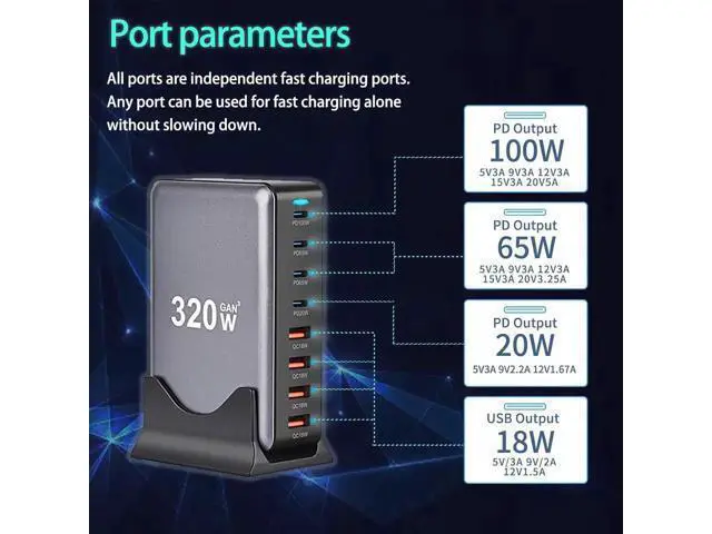Alt view image 5 of 7 - 320W GaN III Fast Charger 8-Port USB Type C Phone Charger Quick Charge 3.0 Power Adapter, GaN Tech Laptop USB C Power Adapter Block For iPhone 16 15 14 13 Samsung Desk Charger