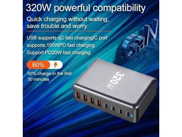 Alt view image 7 of 7 - 320W GaN III Fast Charger 8-Port USB Type C Phone Charger Quick Charge 3.0 Power Adapter, GaN Tech Laptop USB C Power Adapter Block For iPhone 16 15 14 13 Samsung Desk Charger