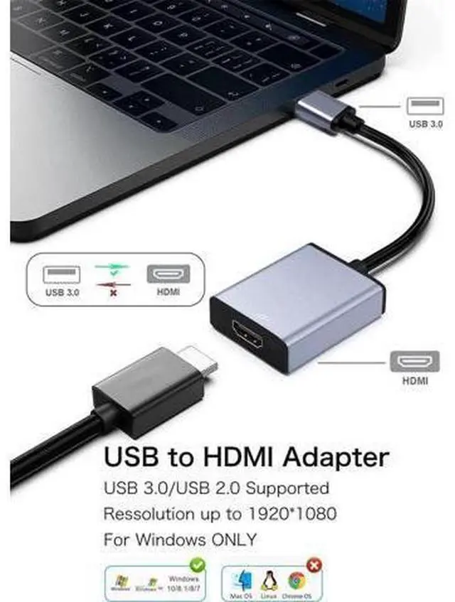 Alt view image 2 of 6 - USB to HDMI Adapter USB 3.0/2.0 to HDMI for Multiple Monitors 1080P Compatible with Windows XP/7/8/10/11 Grey