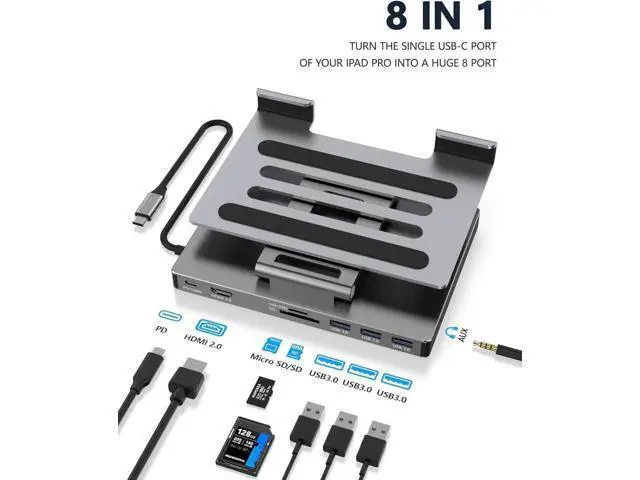 Alt view image 3 of 6 - iPad Pro USB C Hub Cradle for iPad Pro M4 M2 M1 13 12.9 11-inch iPad Air Docking Station Foldable 4K 60Hz HDMI, PD Charging, SD/TF Card Reader, 3 USB 3.0, 3.5mm Audio, iPad Docking Station Accessories