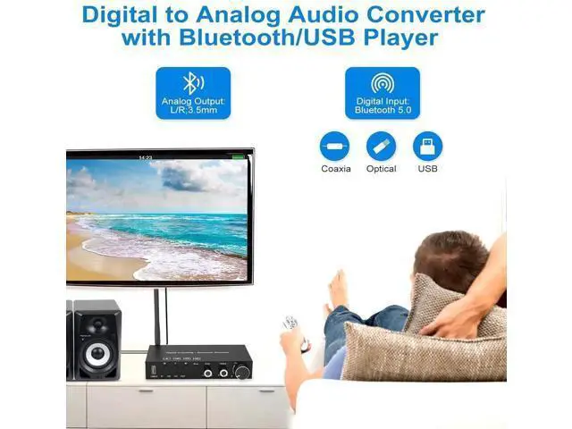 Alt view image 3 of 7 - USB 192KHz DAC Digital to Analog Converter with Headphone AmplifierBuilt-in Bluetooth V5.0 ReceiverMusic PlayerVolume Adjustable Digital SPDIF TOSLINK to Stereo L/R and 3.5mm Jack