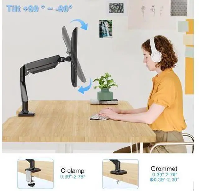 Alt view image 3 of 7 - Single Monitor Mount Arm Fits up to 32 Inch, Desk Mount Holds 4.4-19.8lbs Computer Screen, Full Motion Gas Spring Monitor Desk Mount, VESA Mount 75x75, 100x100