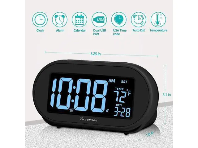 Alt view image 7 of 7 - DreamSky Auto Set Alarm Clock for Bedroom, Digital Desk Clock with 0-100% Dimmable Brightness Dimmer, Auto DST, Date, Temperature, USB Ports, Snooze, Electric Bedside Clock Nightstand
