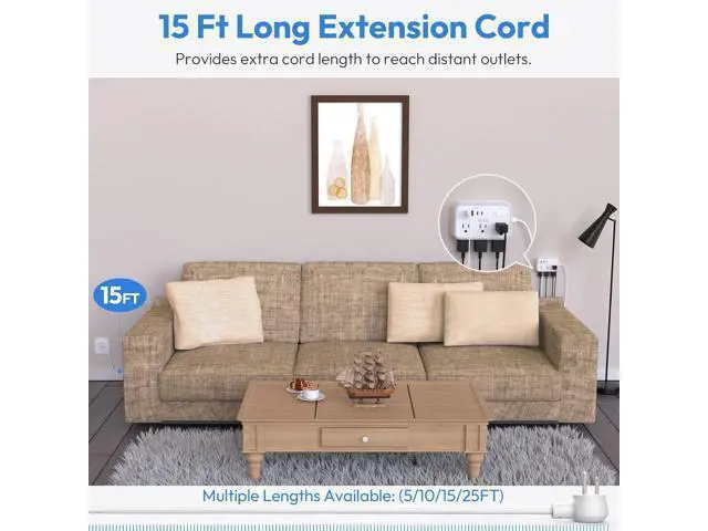 Alt view image 2 of 7 - Extension Cord 15 ft, Surge Protector Power Strip with 6 Widely Outlets 4 USB Ports, Flat Plug, Wall Mount Outlet Extender, 1080 Joules, Multiple Outlets for Indoor Home Office, Dorm Room Essentials