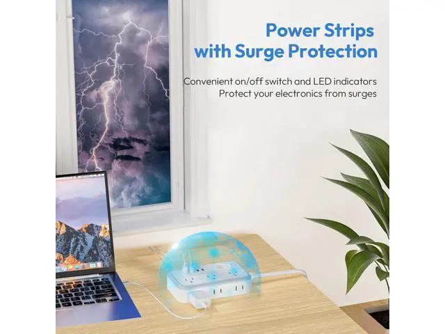 Alt view image 3 of 7 - Extension Cord 15 ft, Surge Protector Power Strip with 6 Widely Outlets 4 USB Ports, Flat Plug, Wall Mount Outlet Extender, 1080 Joules, Multiple Outlets for Indoor Home Office, Dorm Room Essentials