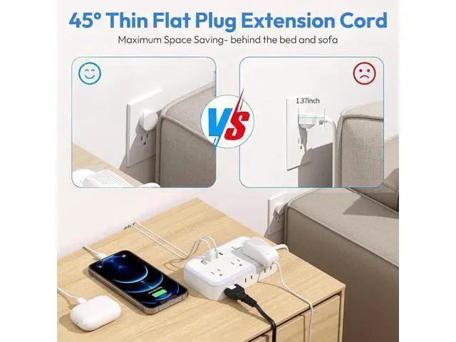 Alt view image 7 of 7 - Extension Cord 15 ft, Surge Protector Power Strip with 6 Widely Outlets 4 USB Ports, Flat Plug, Wall Mount Outlet Extender, 1080 Joules, Multiple Outlets for Indoor Home Office, Dorm Room Essentials