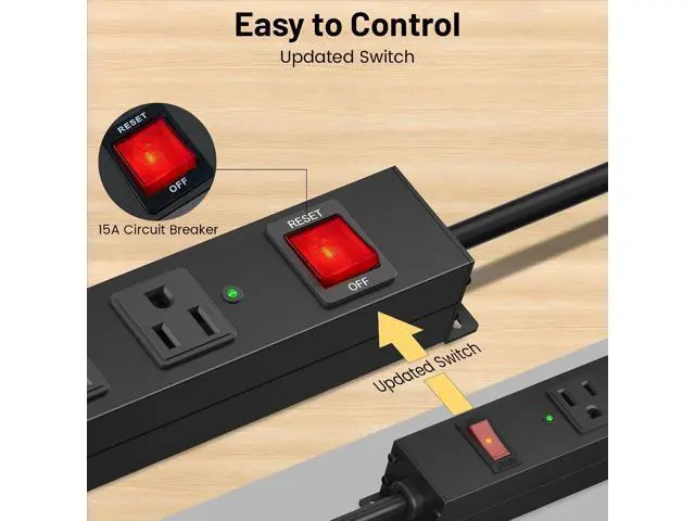 Alt view image 2 of 7 - KF Matel 6 Outlet Power Strip Surge Protection 2100J,Heavy Duty Wide Space Power Strip with Flat Plug,15A/1875W Wall Mount Power Strip with Upgraded Switch,14AWG 6FT Extension Cord in Home,Garage,shop