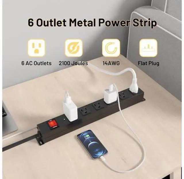 Alt view image 4 of 7 - KF Matel 6 Outlet Power Strip Surge Protection 2100J,Heavy Duty Wide Space Power Strip with Flat Plug,15A/1875W Wall Mount Power Strip with Upgraded Switch,14AWG 6FT Extension Cord in Home,Garage,shop