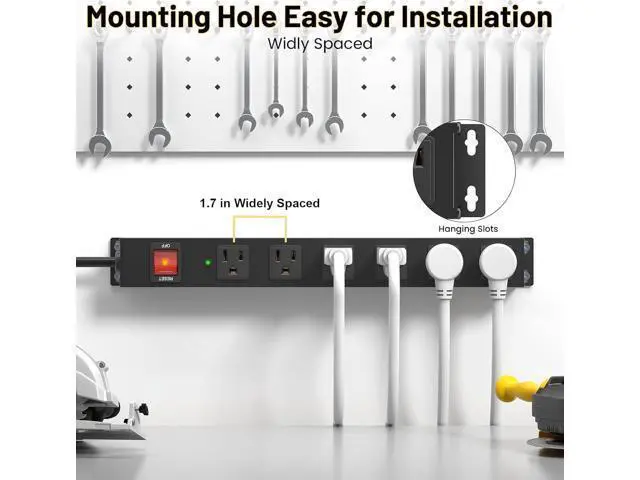 Alt view image 5 of 7 - KF Matel 6 Outlet Power Strip Surge Protection 2100J,Heavy Duty Wide Space Power Strip with Flat Plug,15A/1875W Wall Mount Power Strip with Upgraded Switch,14AWG 6FT Extension Cord in Home,Garage,shop