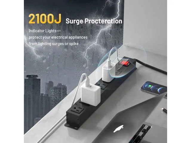 Alt view image 3 of 7 - KF Matel 6 Outlet Power Strip Surge Protection 2100J,Heavy Duty Wide Space Power Strip with Flat Plug,15A/1875W Wall Mount Power Strip with Upgraded Switch,14AWG 6FT Extension Cord in Home,Garage,shop