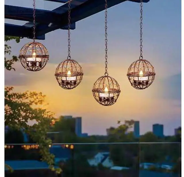 Main image of Outdoor Solar Hanging Lanterns Waterproof, Globe Hanging Candle Holder with Flickering Solar Powered Tea Lights, Chargeable Chandelier Light for Backyard Patio Garden Fence Tree Decoration-4Pack