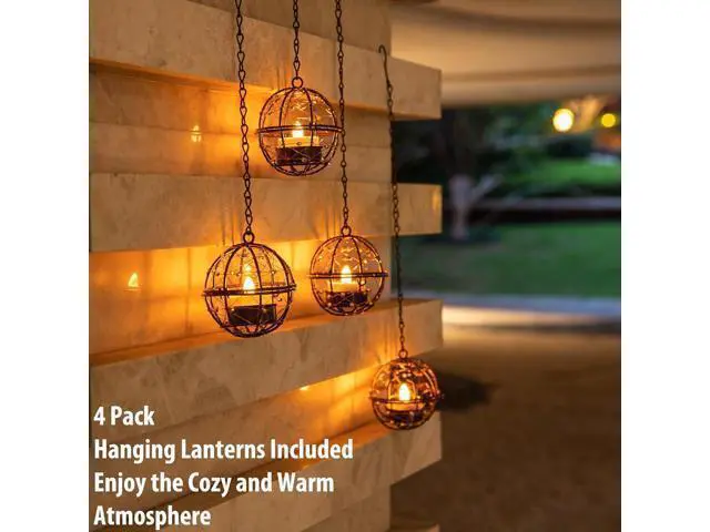 Alt view image 2 of 7 - Outdoor Solar Hanging Lanterns Waterproof, Globe Hanging Candle Holder with Flickering Solar Powered Tea Lights, Chargeable Chandelier Light for Backyard Patio Garden Fence Tree Decoration-4Pack