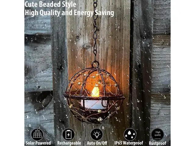 Alt view image 3 of 7 - Outdoor Solar Hanging Lanterns Waterproof, Globe Hanging Candle Holder with Flickering Solar Powered Tea Lights, Chargeable Chandelier Light for Backyard Patio Garden Fence Tree Decoration-4Pack