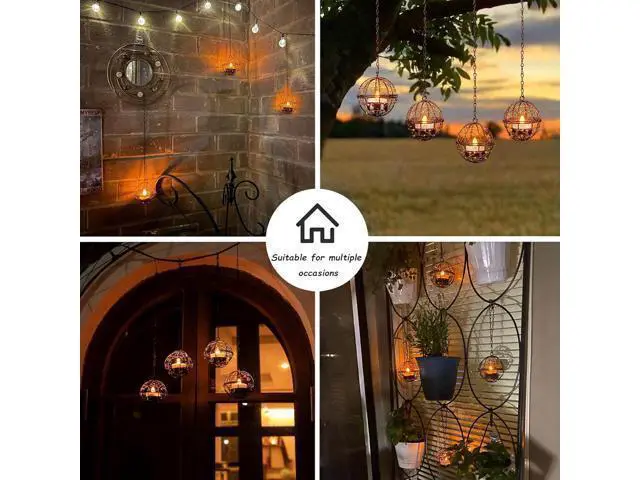 Alt view image 7 of 7 - Outdoor Solar Hanging Lanterns Waterproof, Globe Hanging Candle Holder with Flickering Solar Powered Tea Lights, Chargeable Chandelier Light for Backyard Patio Garden Fence Tree Decoration-4Pack