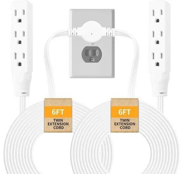Main image of Twin Extension-Cord Power Strip - 12 ft - Flat Plug Extension Cord - 3 Prong Split Extension Cord with 6 Outlets - Double Extension Cord for Behind Bed, Couch, Nightstands, Vanity, Furniture