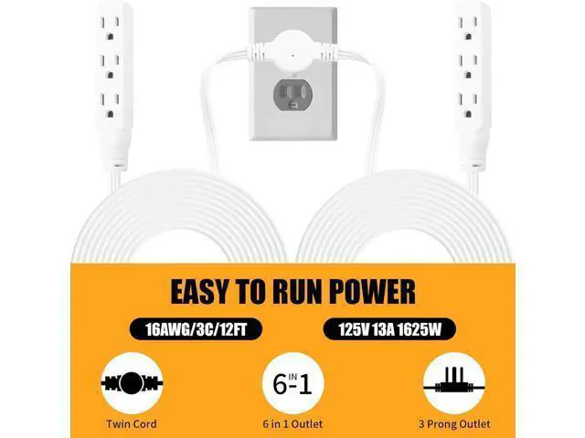 Alt view image 7 of 7 - Twin Extension-Cord Power Strip - 12 ft - Flat Plug Extension Cord - 3 Prong Split Extension Cord with 6 Outlets - Double Extension Cord for Behind Bed, Couch, Nightstands, Vanity, Furniture