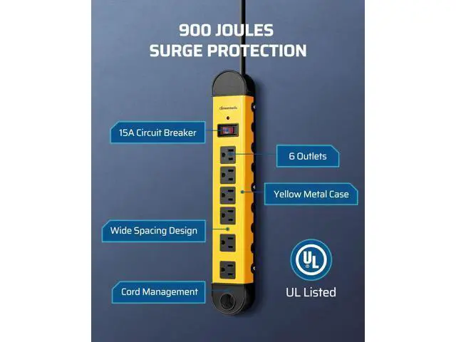 Alt view image 2 of 7 - DEWENWILS Metal Power Strip, 6-Outlet Heavy Duty Surge Protector with 15FT Long Cord, UL Listed, 14AWG/3C, 15A Circuit Breaker, 900 Joules, Low Profile Flat Plug, Wall Mountable