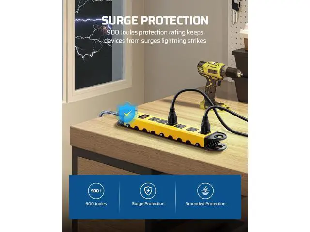 Alt view image 3 of 7 - DEWENWILS Metal Power Strip, 6-Outlet Heavy Duty Surge Protector with 15FT Long Cord, UL Listed, 14AWG/3C, 15A Circuit Breaker, 900 Joules, Low Profile Flat Plug, Wall Mountable