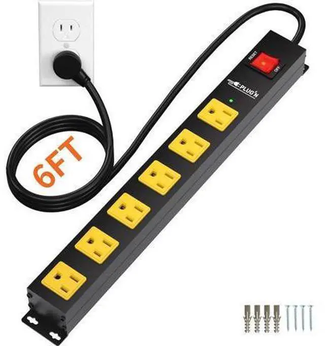 Main image of Power Strip 2700J Surge Protector, 6 Outlet Heavy Duty Power Strips with Flat Plug and 6FT Long Cord, Wall Mountable Metal Outlet Strip for Desk, Garage, Workbench and Kitchen
