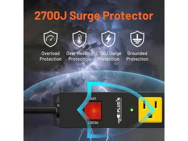 Alt view image 4 of 7 - Power Strip 2700J Surge Protector, 6 Outlet Heavy Duty Power Strips with Flat Plug and 6FT Long Cord, Wall Mountable Metal Outlet Strip for Desk, Garage, Workbench and Kitchen