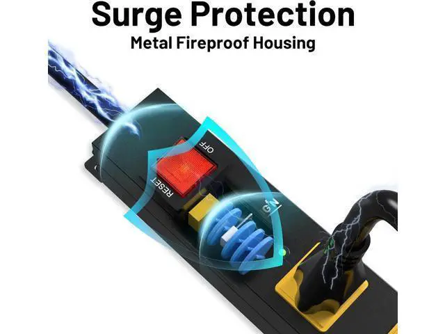 Alt view image 6 of 7 - Power Strip 2700J Surge Protector, 6 Outlet Heavy Duty Power Strips with Flat Plug and 6FT Long Cord, Wall Mountable Metal Outlet Strip for Desk, Garage, Workbench and Kitchen