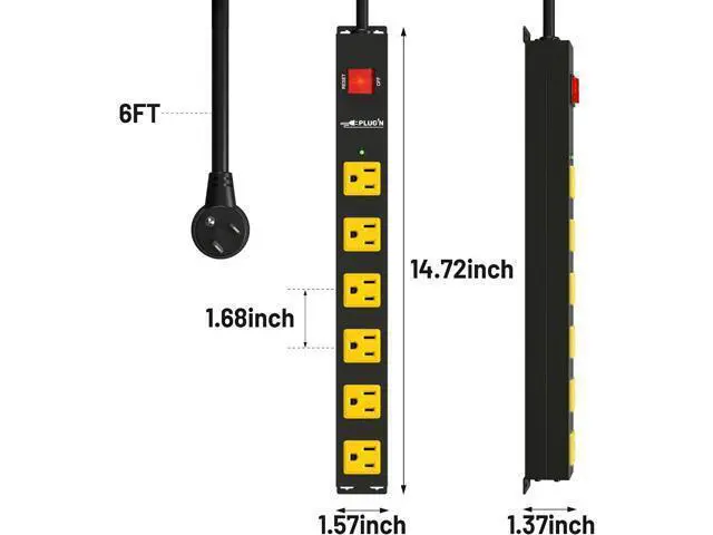Alt view image 7 of 7 - Power Strip 2700J Surge Protector, 6 Outlet Heavy Duty Power Strips with Flat Plug and 6FT Long Cord, Wall Mountable Metal Outlet Strip for Desk, Garage, Workbench and Kitchen