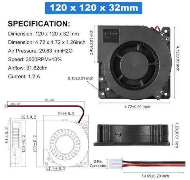 Alt view image 2 of 6 - PANO-MOUNTS 12V DC Blower Fan 120mm x 32mm 4.72inch 2Pin High Airflow Moisture-Proof Brushless Exhaust Fan Blower for Inflatable and More 3000RPM
